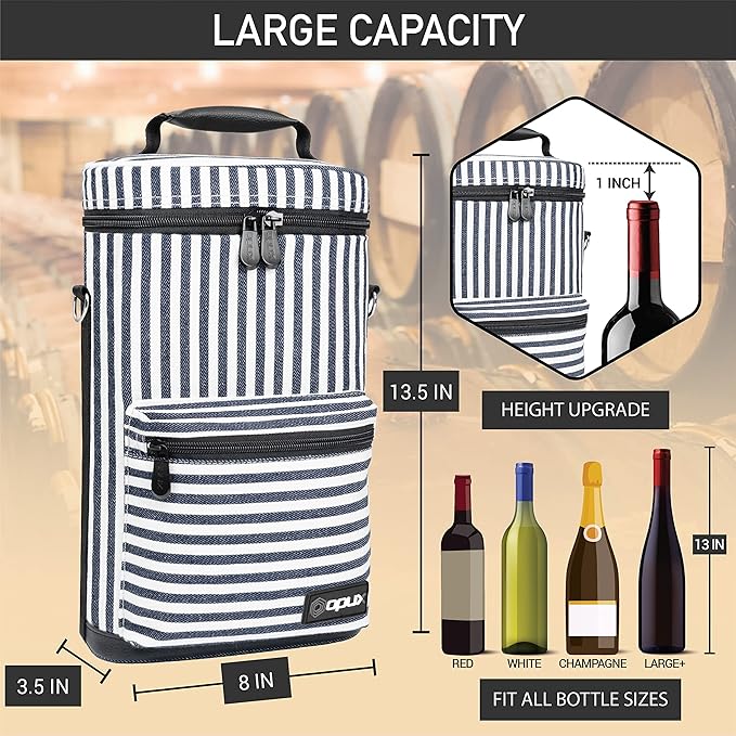 opux Wine Bag 2 Bottle Wine Tote Carrier, Insulated Wine Cooler Bag for Travel Picnic, Leakproof Portable Padded Case, Wine Gifts For Women Men Wine Lovers Christmas, Navy White Stripes