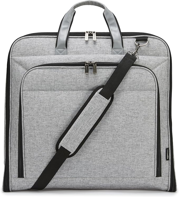 Amazon Basics Carry-On Garment Bag for Travel and Business Trips with Shoulder Strap, Hanging Suit Luggage Bag for Men Women, Wrinkle Free Cover for Suits Dresses Coats, Gray