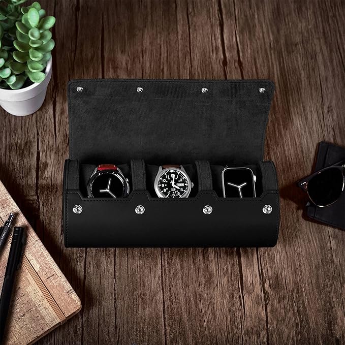 Barton Leather Watch Roll for 3 Watches | Convenient Organizer Case for Travel & Storage | Fits Classic & Smart Watches (Up to 46mm) | Compact, Durable, Lightweight, Stylish - Black