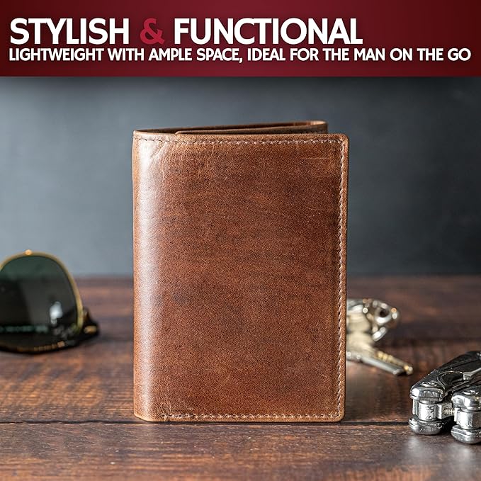 BULL GUARD Leather Trifold Wallets For Men In Grizzly Brown with ID and RFID Blocking Great For Work, Sports, Outdoors, No Logo Design