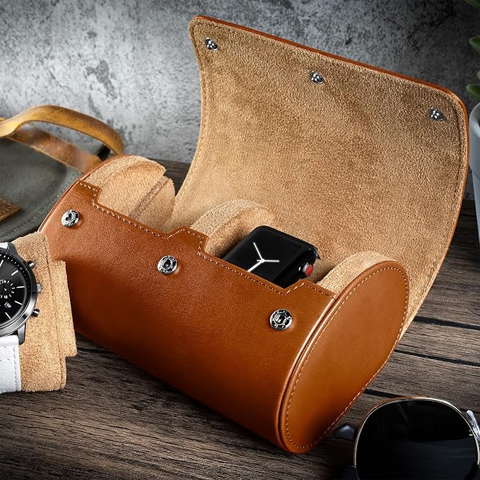 Barton Leather Watch Roll for 2 Watches | Convenient Organizer Case for Travel & Storage | Fits Classic & Smart Watches (Up to 46mm) | Compact, Durable, Lightweight, Stylish - Brown