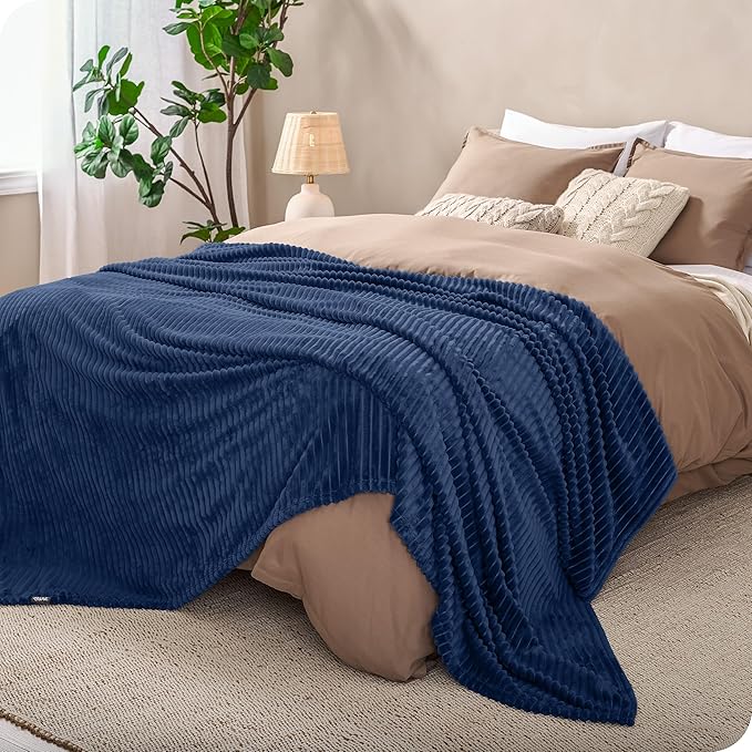 Bare Home Textured Fleece Blanket - Twin/Twin Extra Long - Ultra-Soft Lightweight for Bed, Sofa, and Couch - Luxury Microplush - Cozy Warm Blanket (Twin/Twin XL, Ribbed Dark Blue)