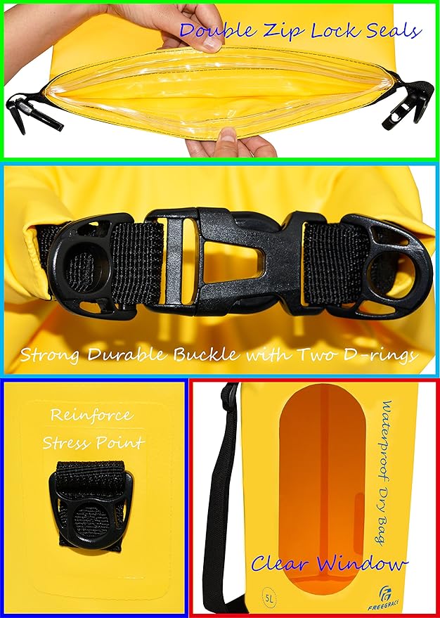 Freegrace Waterproof Dry Bags Set of 3 Dry Bag with 2 Zip Lock Seals & Detachable Shoulder Strap, Waist Pouch & Phone Case - Can Be Submerged Into Water - for Swimming (Yellow(Window), 10L)