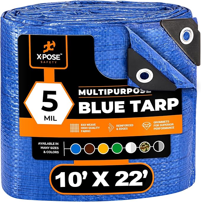 Better Blue Poly Tarp 10' x 22' - Multipurpose Protective Cover - Lightweight, Durable, Waterproof, Weather Proof - 5 Mil Thick Polyethylene - by Xpose Safety