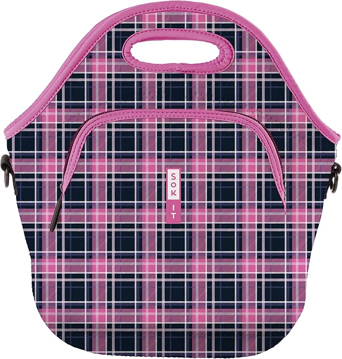 Sok It LunchTote Zippered Bag Insulated Neoprene Caddy (Berry Plaid, X-Large 6.5 Quart Lunch Tote)