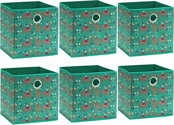 SIMPLE HOUSEWARE 10-Inch Collapsible Fabric Cube Storage Bin with Handles, Printed Design, 6 Pack, Green