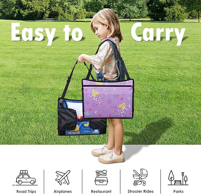 2PCS Kids Travel Tray for Airplane - Toddler Car Seat Table Tray, Road Trip Essentials for Boys & Girls, Carseat Lap Desk for Kids Road Trip Activities (Dark Blue Car/Purple Mermaid)