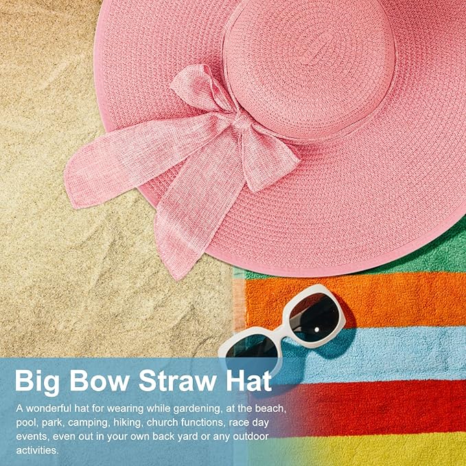 DRESHOW Beach Hats for Women Big Straw Wide Brim Summer Hat Floppy Foldable Roll up Cap Sun Hat UPF 50+