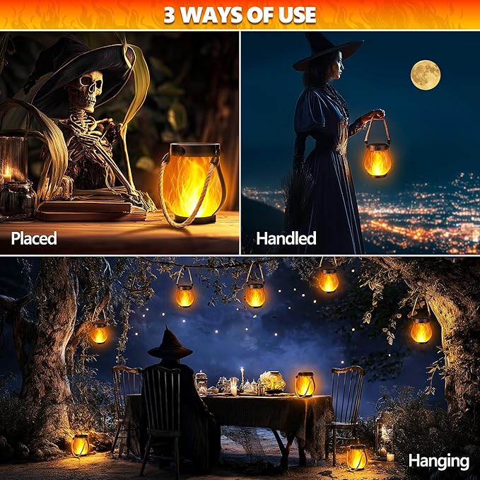 Halloween Solar Flame Lantern Hanging Outdoor Waterproof Purple - 2 Pack Flame Lanterns with Dual Charging Modes of Solar & USB for Garden or Yard Halloween Decorations (Warm White - 1 Pack)
