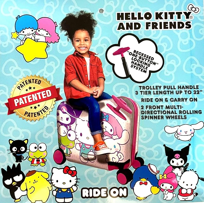 Fast Forward Ride-On 18" Suitcase For Kids/Tow-Along Toddler Carry-On Luggage With Wheels (Hello Kitty And Friends)