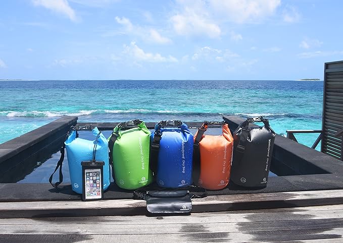 Freegrace Waterproof Dry Bags Set of 3 Dry Bag with 2 Zip Lock Seals & Detachable Shoulder Strap, Waist Pouch & Phone Case - Can Be Submerged Into Water - for Swimming (Orange, 5L)