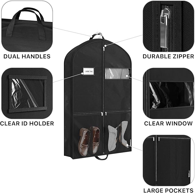 Simple Houseware 43-Inch Travel Garment Bag with Pockets, Non-Woven | Lightweight, Black, 3 Pack