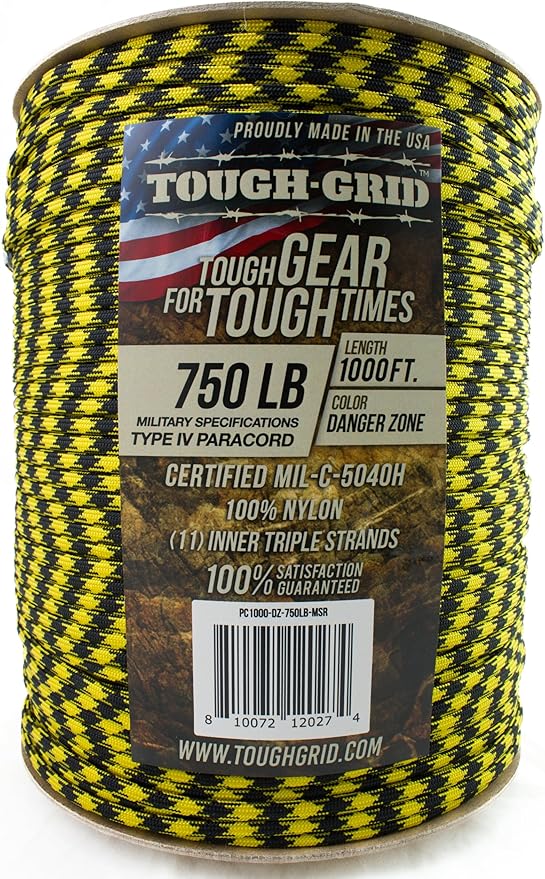 TOUGH-GRID 750 Paracord Rope Nylon Parachute Cord, Made in USA Survival Kit, Outdoor Adventures, Camping, Tactical Gear & Emergency Supplies, Military Type IV Mil-Spec