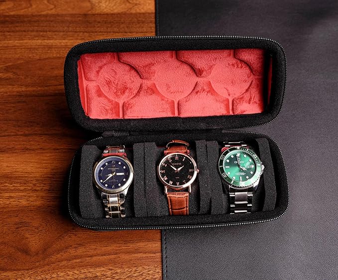 3 slots Watch travel case,Hard watch roll, travel watch case organizer holder with form-fitting pillow, red microfiber lining, fit large and small watches, perfect for travel and home.
