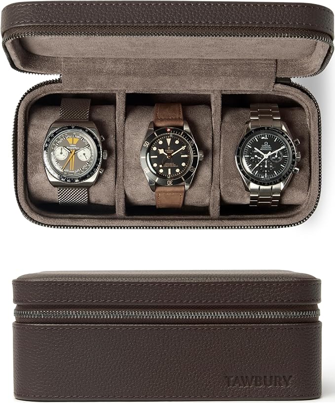 TAWBURY 3 Watch Case Top-Grain Genuine Leather Travel Case Roll for Men - Brown
