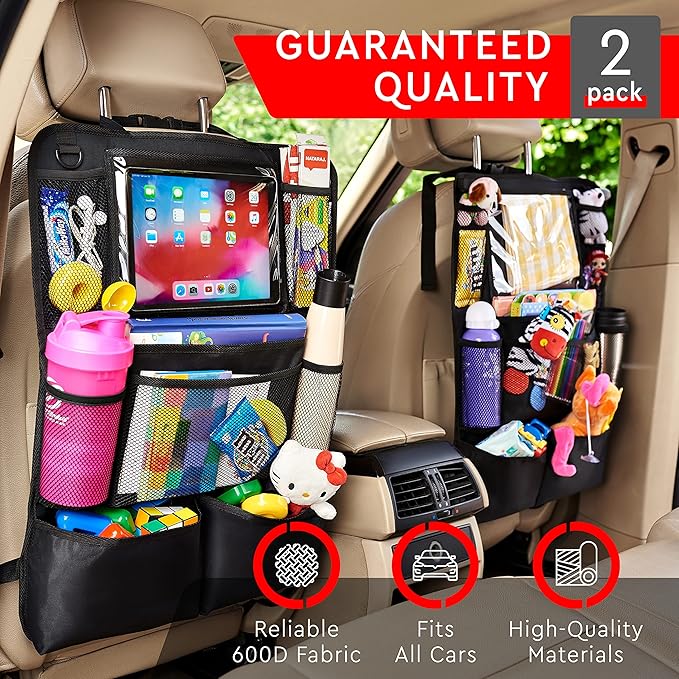 Helteko Backseat Car Organizer, Kick Mats Back Seat Protector with Touch Screen Tablet Holder, Back Seat Organizer for Kids with 9 Storage Pockets, Travel Accessories (2 Pack, Violet)