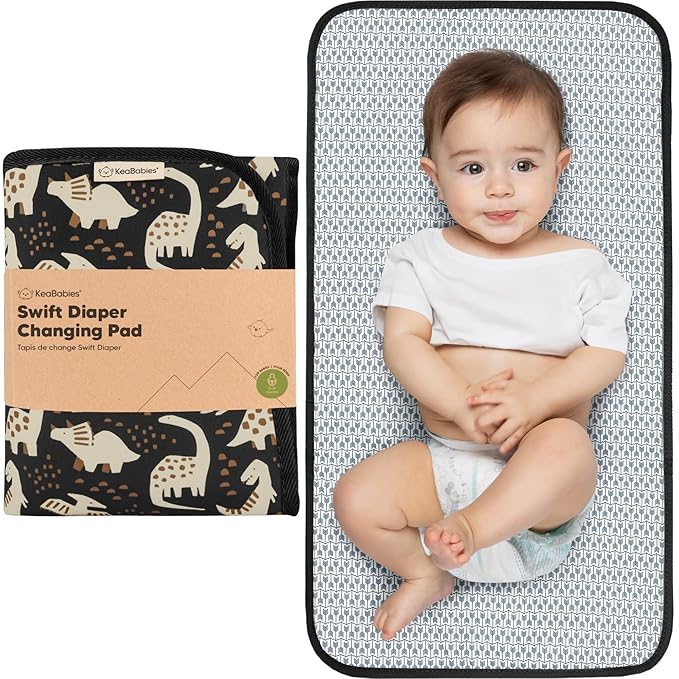 KeaBabies Portable Diaper Changing Pad, Easy Wipe Clean - Foldable Waterproof Baby Changing Mat for Diaper Bag, Compact, Lightweight, 25x13 Baby Changer Travel Essential, Machine Washable (Dino Ridge)