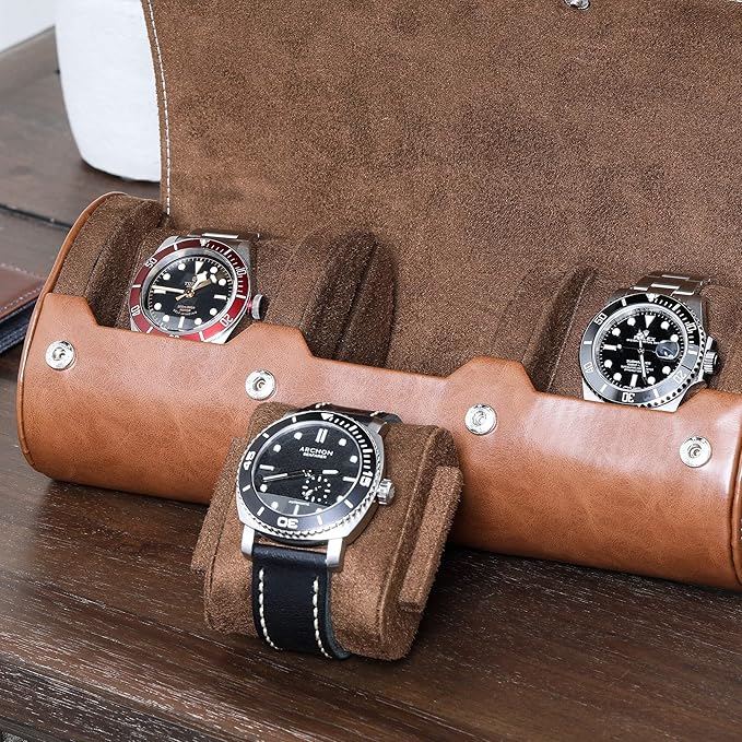ROTHWELL Watch Roll Travel Case for 3 Watches | Tough Portable Protection, Fits All Wrist Watch & Smart Watches Up to 50mm (Tan/Brown)
