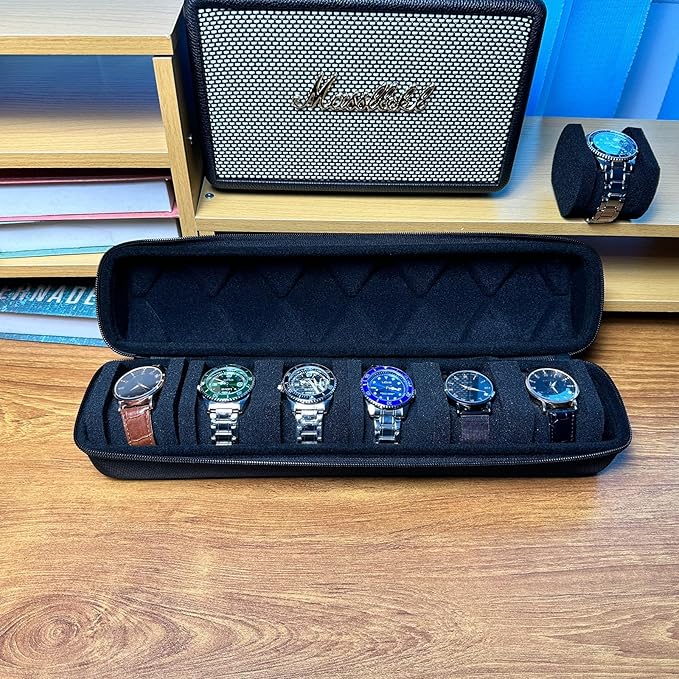 Hard 6 slots watch travel case, watch storage box organizer, 6 slots watch roll display box with soft safe watch pillow (Black, 6slot)