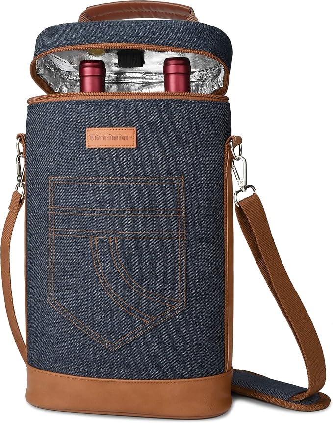 Tirrinia 2 Bottle Wine Gift Tote Carrier - Leakproof & Insulated Padded Versatile Wine Cooler Bag for Travel, BYOB Restaurant, Wine Tasting, Party, Dinner, Gift for Wine Lovers, Dark Blue