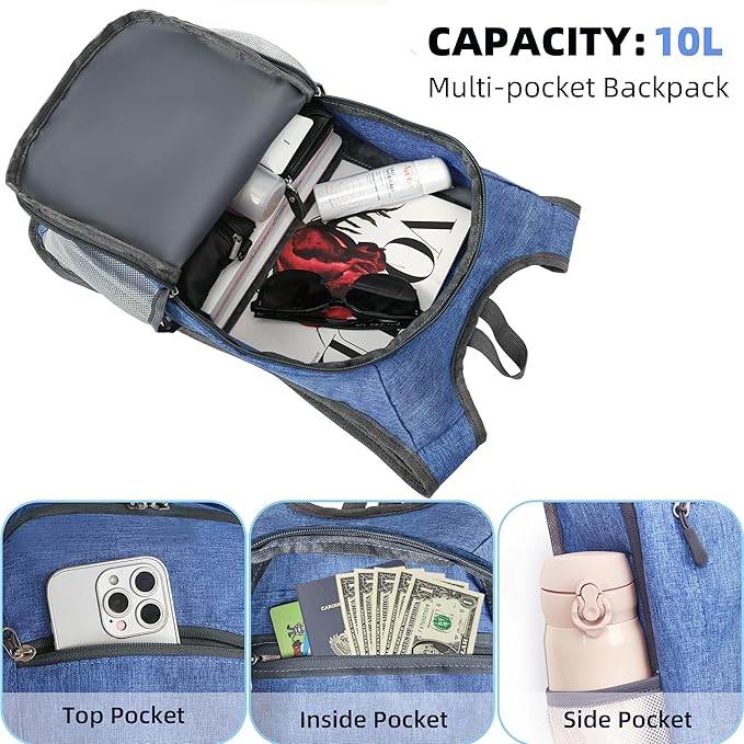 Foldable Hiking Backpack - 10L Daypack for Women & Men (Sky Blue)