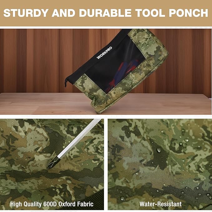 WORKPRO 12" Tool Pouches with Zipper, Heavy-Duty Small Tool Bag, Utility Small Tool Pouch for Tool Organizers and Storage, Mini Tool Bag, 3 Pack, Camo