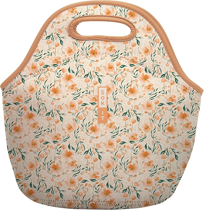 Sok It LunchTote Zippered Bag Insulated Neoprene Caddy (Blush Blossoms, Large 4.5 Quart Lunch Tote)