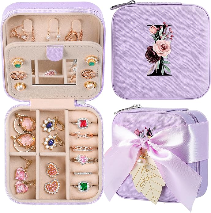 AYGXU Travel Jewelry Box for Women and Girls - Small Case With Initial A-Z - Teacher Gifts