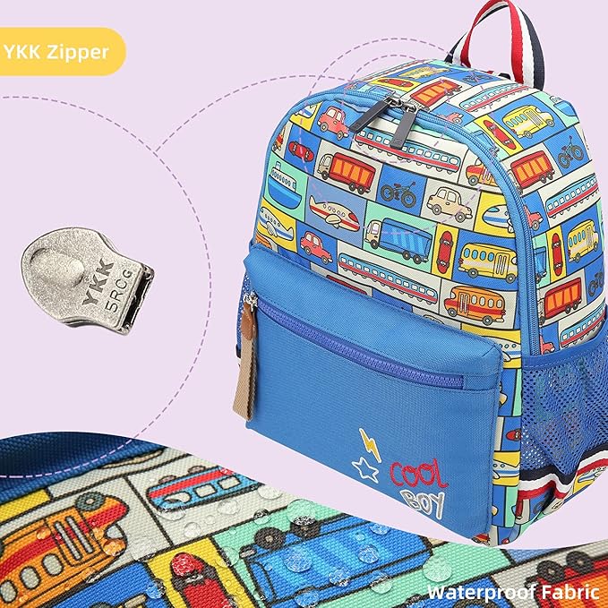 willikiva Cartoon Bus 12 Kindergarten Backpack for Kids Girls and Boys,Waterproof Preschool Toddler Backpack Wiht Leash and Safety Harness (Car)