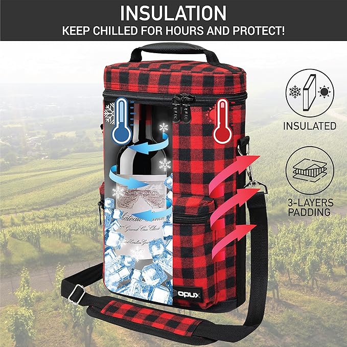 Opux 2 Bottle Wine Tote Carrier, Insulated Cooler Bag for Travel Picnic, Leakproof Padded Case, Wine Gifts for Women & Men, Plaid Buffalo Red