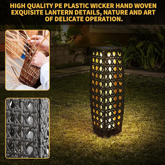 Solar Floor Lamp, Outdoor Floor Lamp Lanterns Outdoor Waterproof, Solar Powered Resin Wicker Lamp, Weather-Resistant Rattan Deck Light for Porch, Garden, Patio