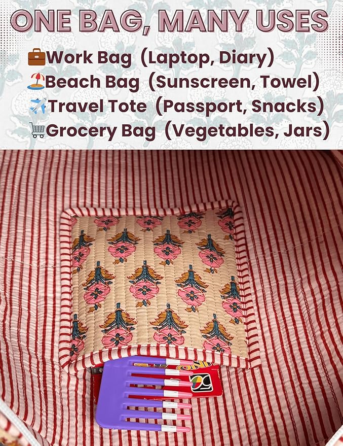 Cotton Quilted Tote Bag for Women – Large Beach & Travel Tote with Zipper, Reusable Grocery Bag