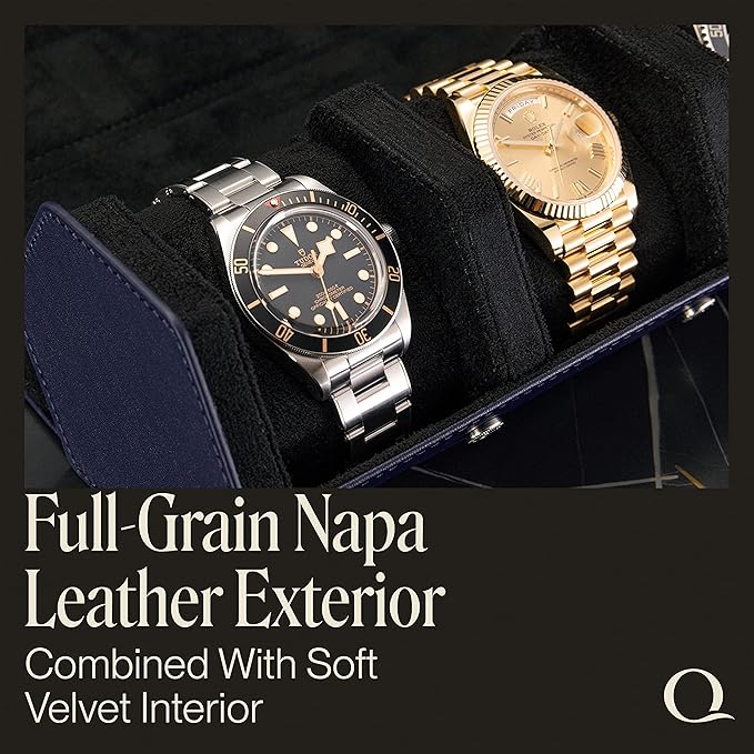 Napa Leather Watch Rolls for Men - Hexagon Triple Watch Roll Travel Case for 3 Watches - Storage Organizer Genuine Leather with Velvet Interior Display (Blue/Black)