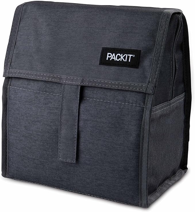 Packit® Freezable Lunch Bag, City Charcoal, Built with ECOFREEZE® Technology, Foldable, Reusable, Zip and Velcro Closure with Buckle Handle, Designed for Work Lunches and Fresh Lunch On the Go