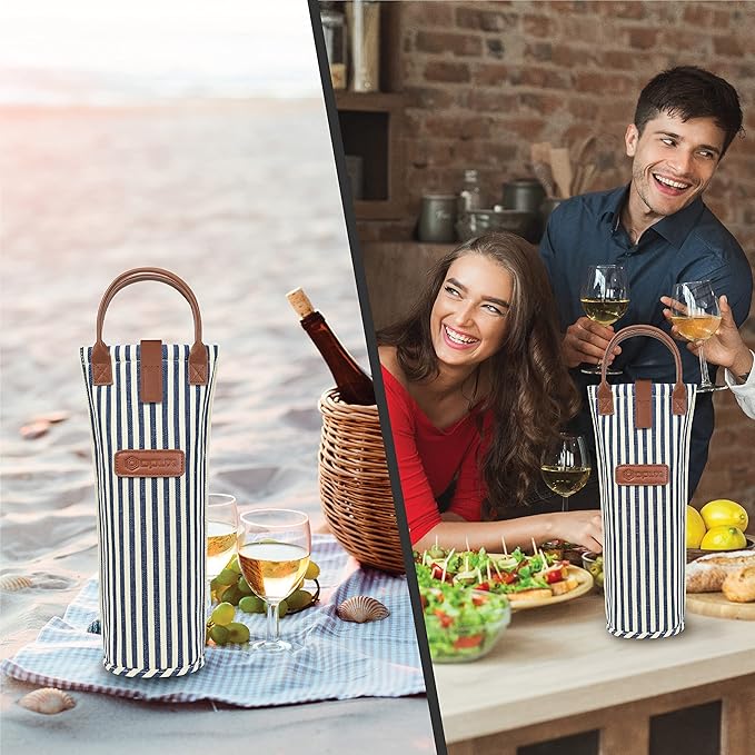 opux Wine Bag Single Bottle Carrier Tote, Insulated Travel Wine Cooler Bag for Picnic Beach Gift, Thermal Padded Portable One Bottle Holder Carrying Case for Women Men Wine Lovers, Navy White Stripes