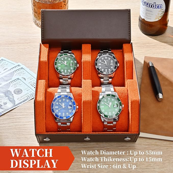 Watch Roll Travel Case for 4 Watchs Storage and Organizer,Leather Watch Box with Innovative Slide Pillows & Solid Dividers for Home, Protect and Display