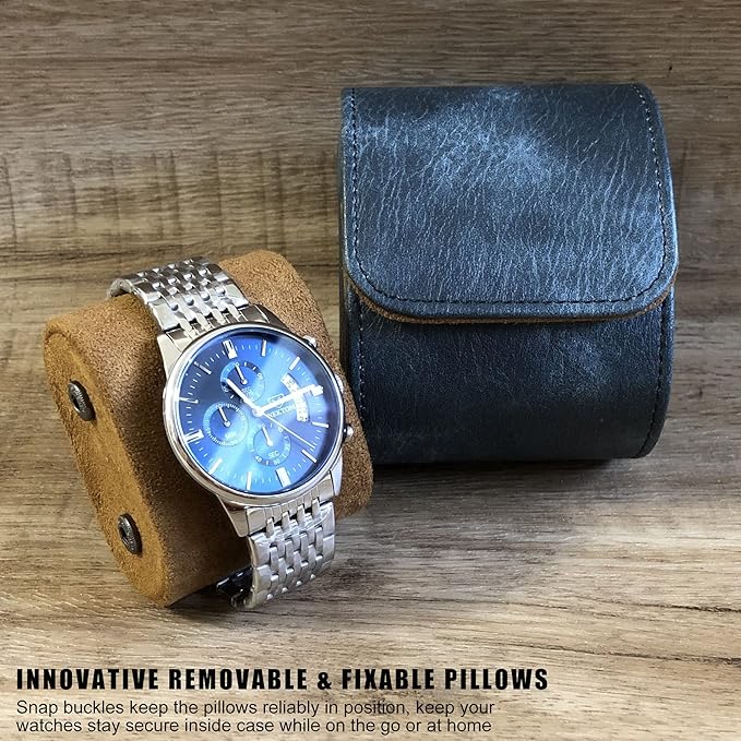 Longjet Watch Roll Travel Case for Men Portable Watches Organizer Box with Removable Velvet Pillow Holder (1 Slot Blue Grey)