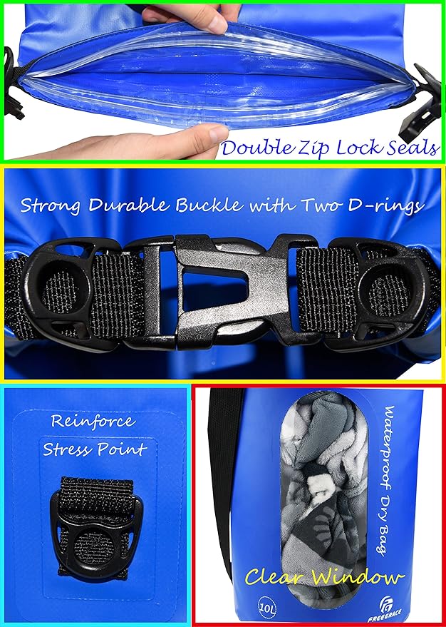Freegrace Waterproof Dry Bags Set Of 3 Dry Bag With 2 Zip Lock Seals & Detachable Shoulder Strap, Waist Pouch & Phone Case - Can Be Submerged Into Water - For Swimming (Navy Blue(Window), 10L)