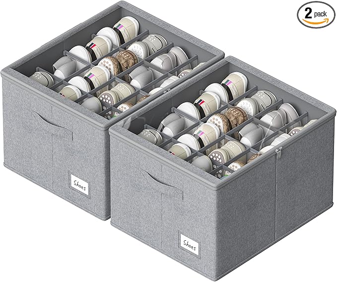 Shoe Organizer for Closet, 2 Pack Sturdy Shoe Storage Bins with Clear Cover, Fits 16-32 Pairs, Foldable Shoe Storage Box with Reinforced Handles (Grey, 19.7 * 15.7 * 12.6in)