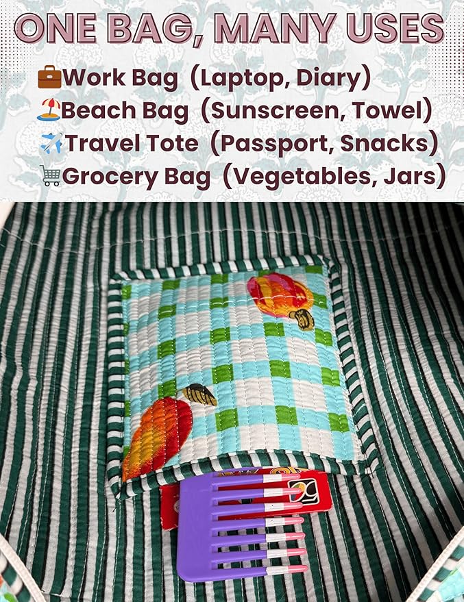 Cotton Quilted Tote Bag for Women – Large Beach & Travel Tote with Zipper, Reusable Grocery Bag