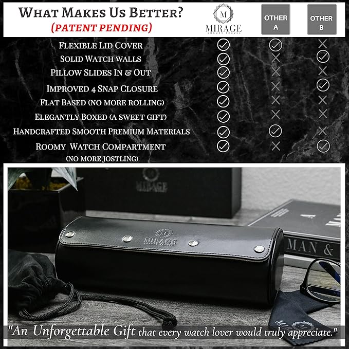 Watch Roll Cases for Men - Watch Travel Case - Storage and Display 3 slots - Jade Black/Ivory White interior Vegan Leather