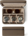 TAWBURY Luxury Leather Watch Box - Unisex Travel Case With Zipper Closure | Taupe Top-Grain Genuine Leather Roll | 3 Watch Carrying Case for Men