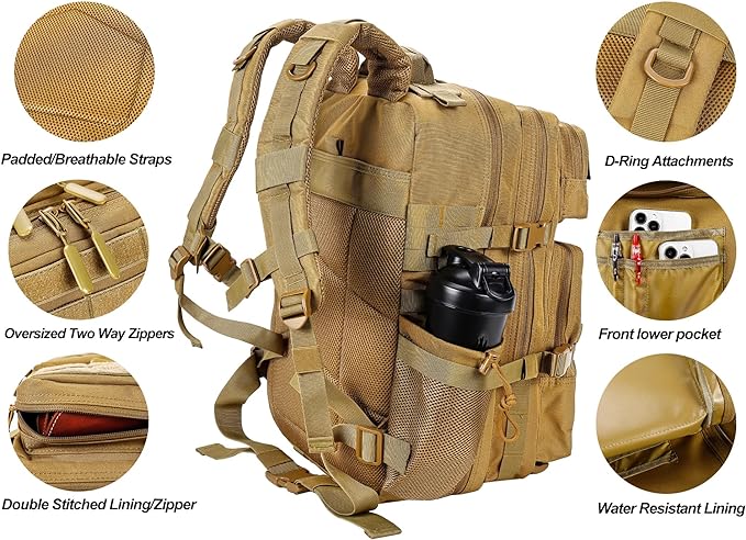 LHI Military Tactical Backpack for Men and Women 45L Army 3 Days Assault Pack Bag Large Rucksack with Molle System - Khaki