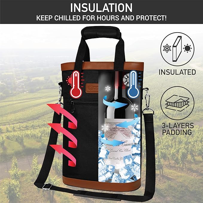 opux Two Bottle Wine Bag Carrier Tote, Insulated Leakproof 2 Bottle Wine Cooler Bag for Travel BYOB Picnic, Portable Wine Case, Gift for Men Women Wine Lover Birthday Party Christmas, Black