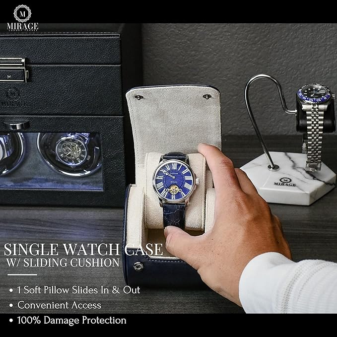 Blue/Ivory - 1 Watch Travel Case for Men - Single Watch Case Storage - Gift Idea Travel Accessory - Midnight Blue/Ivory - Mirage Watch Roll Cases Vegan Leather
