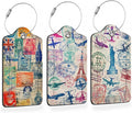 Retro Wanderlust Stamps 3 PCS PU Leather Luggage Tags for Suitcase, Luggage Tag with Privacy Flap, Name ID Label and Metal Loop for Women Men Baggage Handbag School Bag Backpack