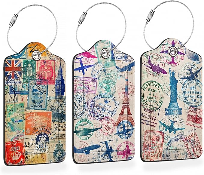 Retro Wanderlust Stamps 3 PCS PU Leather Luggage Tags for Suitcase, Luggage Tag with Privacy Flap, Name ID Label and Metal Loop for Women Men Baggage Handbag School Bag Backpack