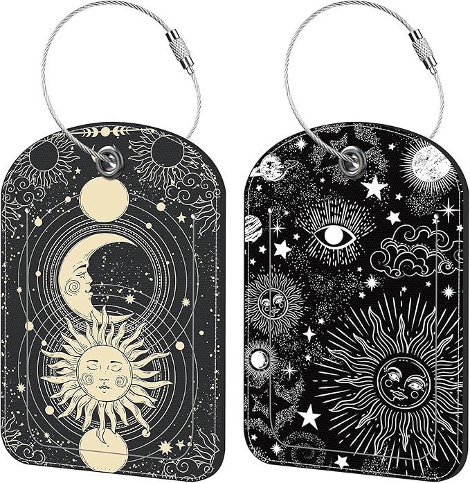 Sun Moon Luggage Tag for Suitcase Set of 2 PU Leather Cute Luggage Tags with Stainless Metal Loop ID Label Privacy Flap Suitcase Tags for Women and Men Travel