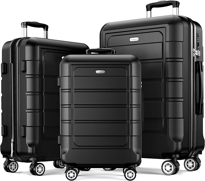 SHOWKOO Luggage Sets Expandable PC+ABS Durable Suitcase Double Wheels TSA Lock Black