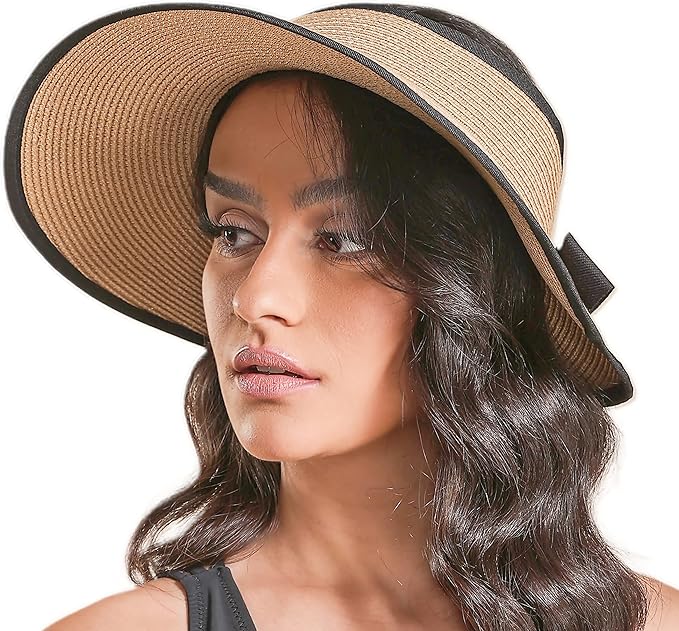 Joywant Womens Sun Visor Hats, Packable Wide Brim Ponytail Beach Hat Straw Visor Summer Beach Vacation Essentials for Womens